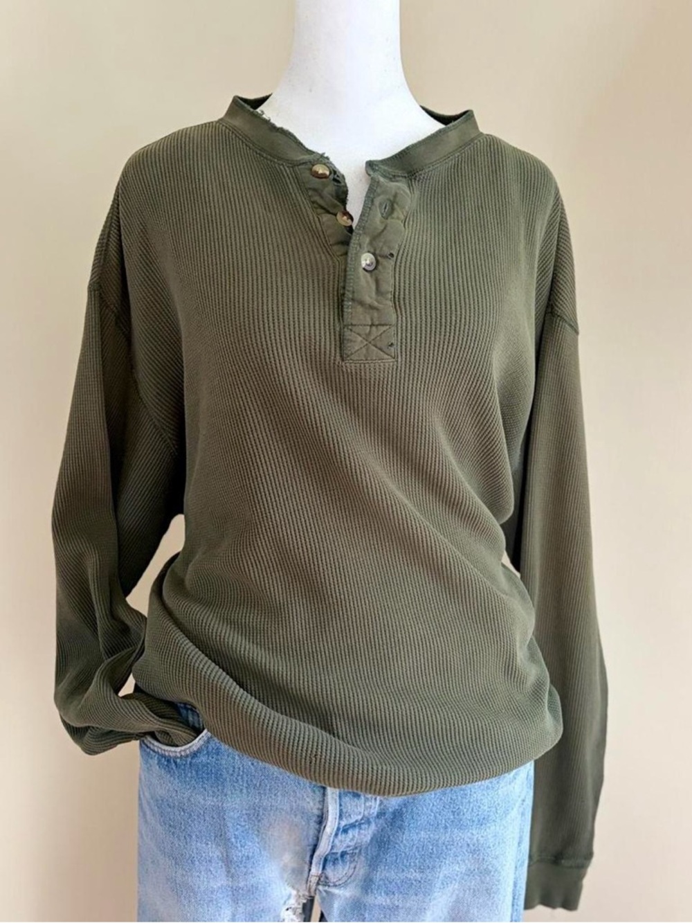 Vintage 90s grunge skater distressed henley button waffle knit shirt green L